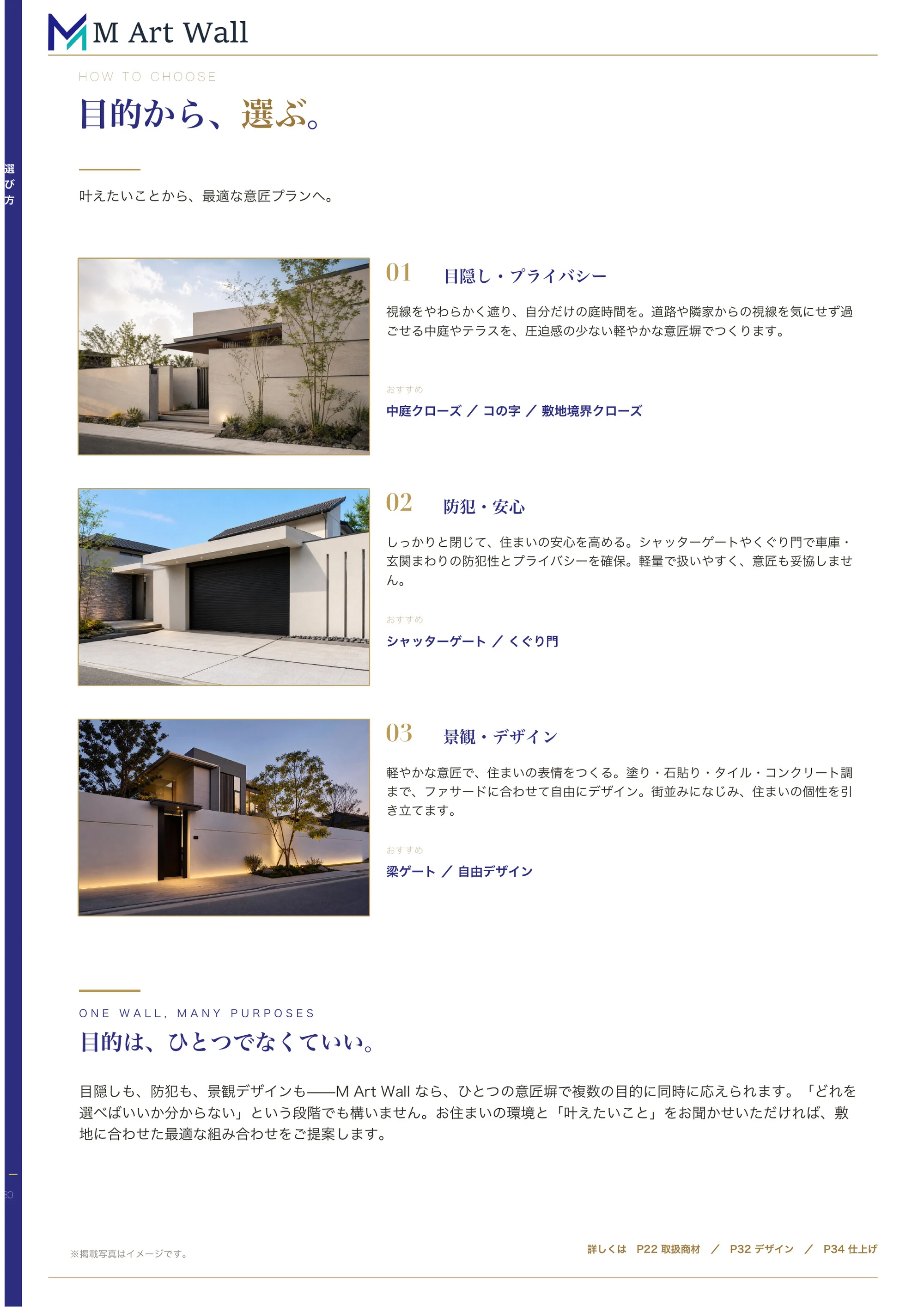 選び方ガイド「目的から、選ぶ。」目隠し・プライバシー／防犯・安心／景観・デザインの目的別おすすめプラン（シーンのイメージ）