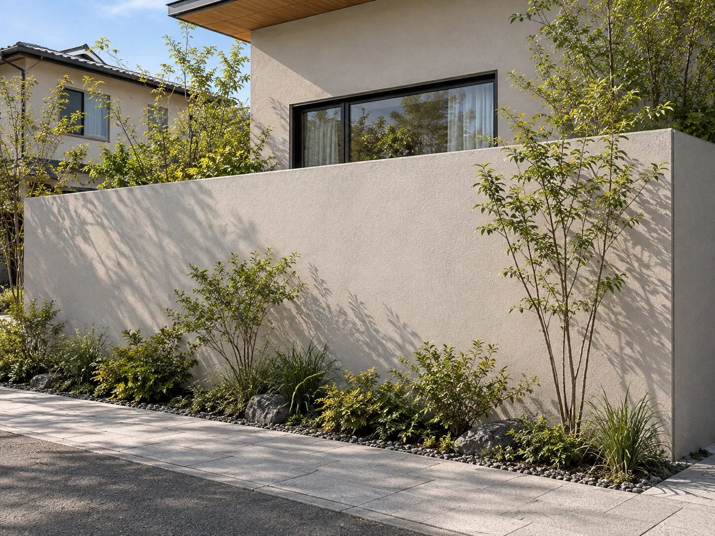 M Art Wall の施工イメージ（隣家の窓を基準にした目隠しの高さの意匠塀）